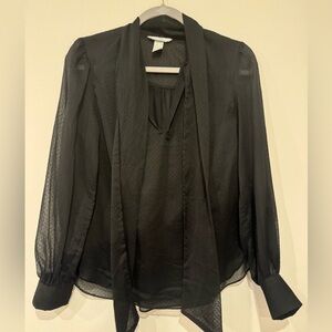 H&M black sheer chiffon polka dot bow tie long sleeve blouse